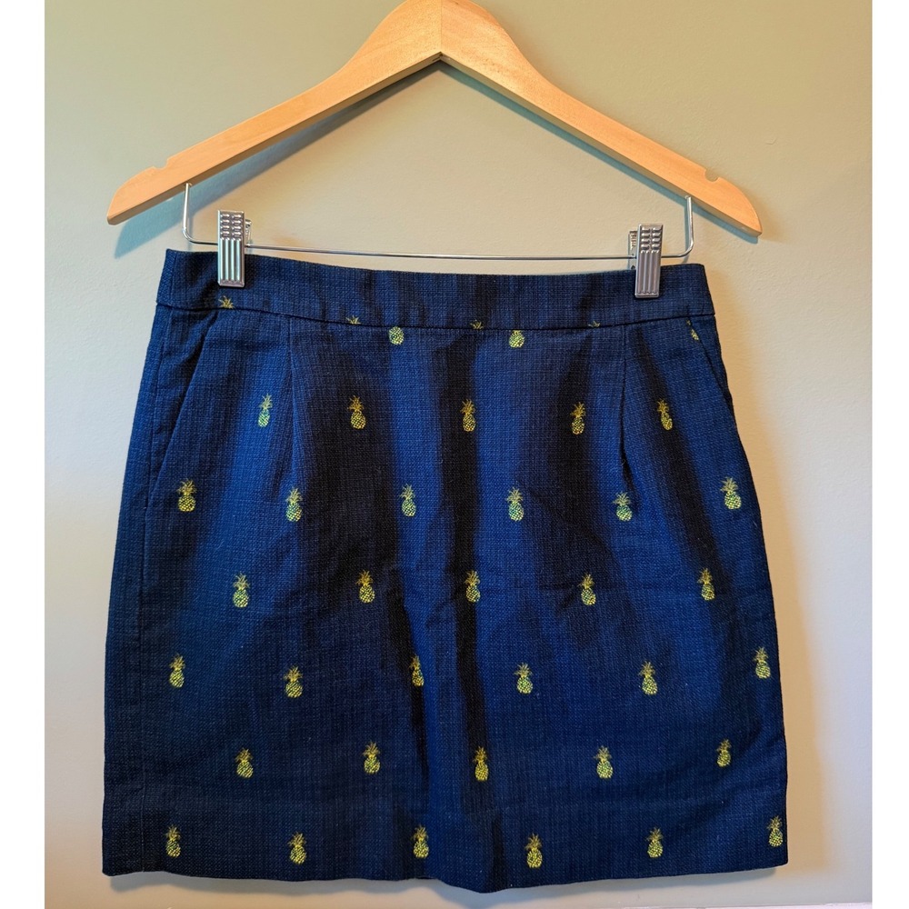J.Crew Womens Pineapple Embroidered Mini Skirt Navy Blue Cotton A-line size 4